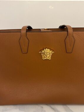 Versace Tan Leather Tote with Gold Medusa Plaque